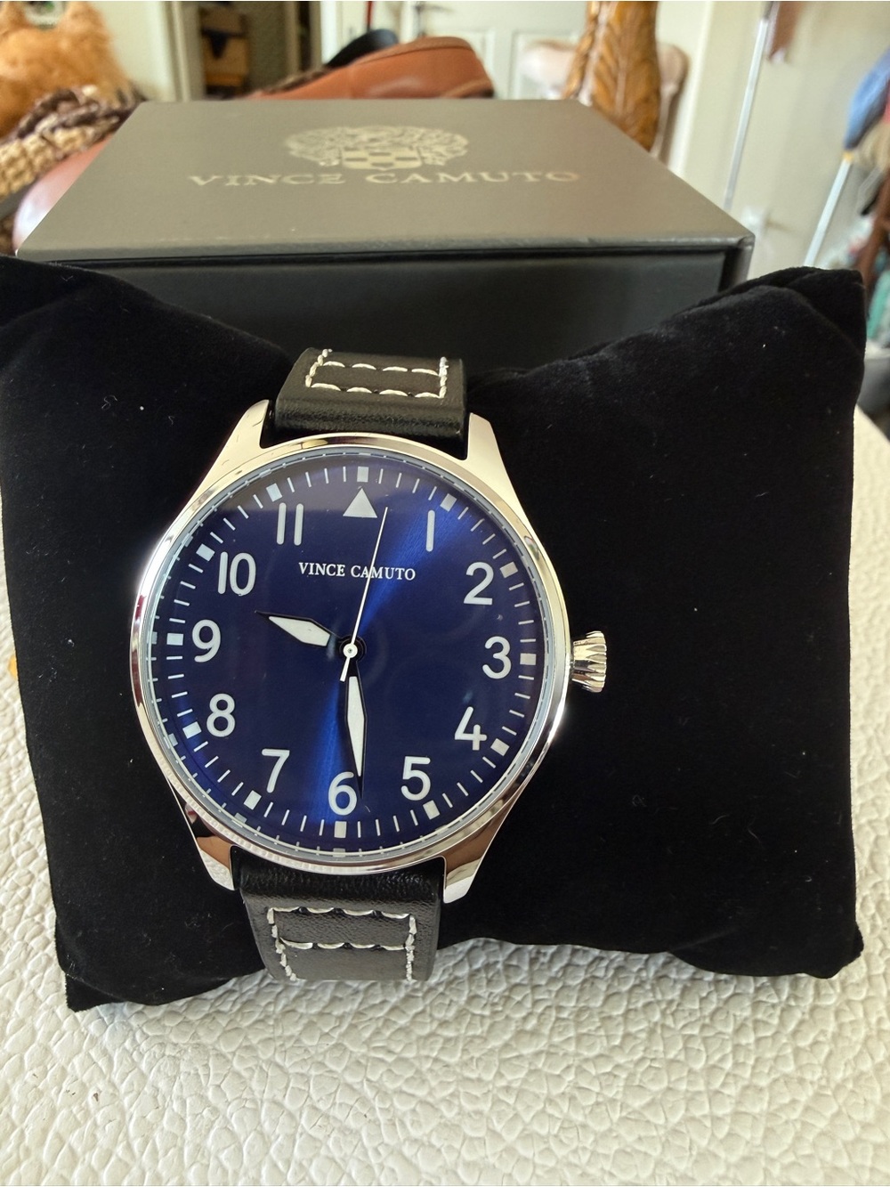 Vince Camuto Navy Blue Dial Men's Watch with Black Leather Strap